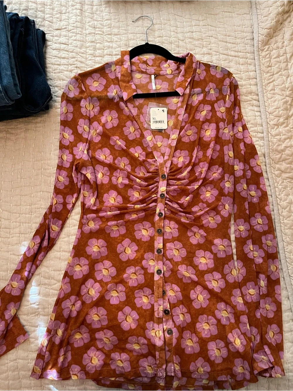 Free People Rust Floral Button-Down Shirt with Pink Flowers
